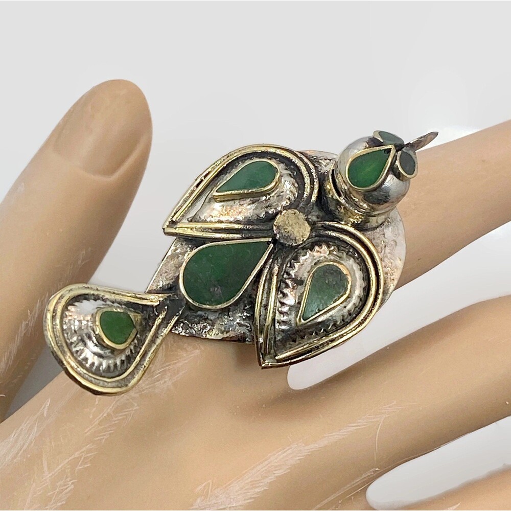 Bird Ring, Vintage Ring, Afghan, Middle Eastern, Green Enameled, Adjustable